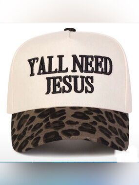 "Y'ALL NEED JESUS" Embroidered Cap with Leopard Brim - New